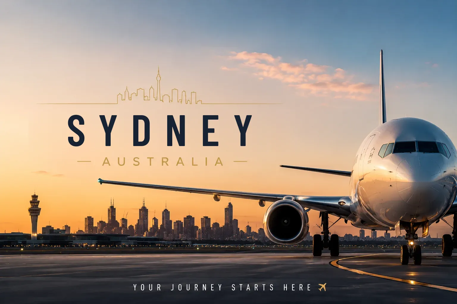 Passenger jet on the tarmac at sunset with the Sydney skyline behind